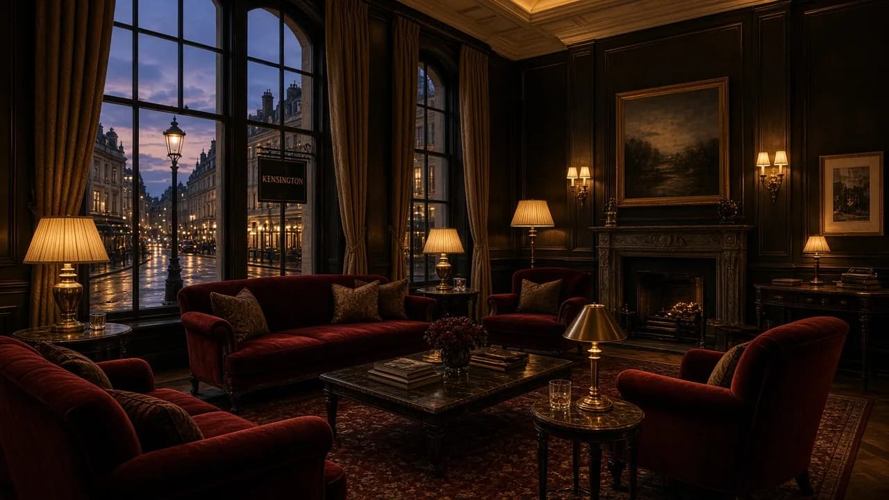 Drawing room at dusk overlooking Kensington