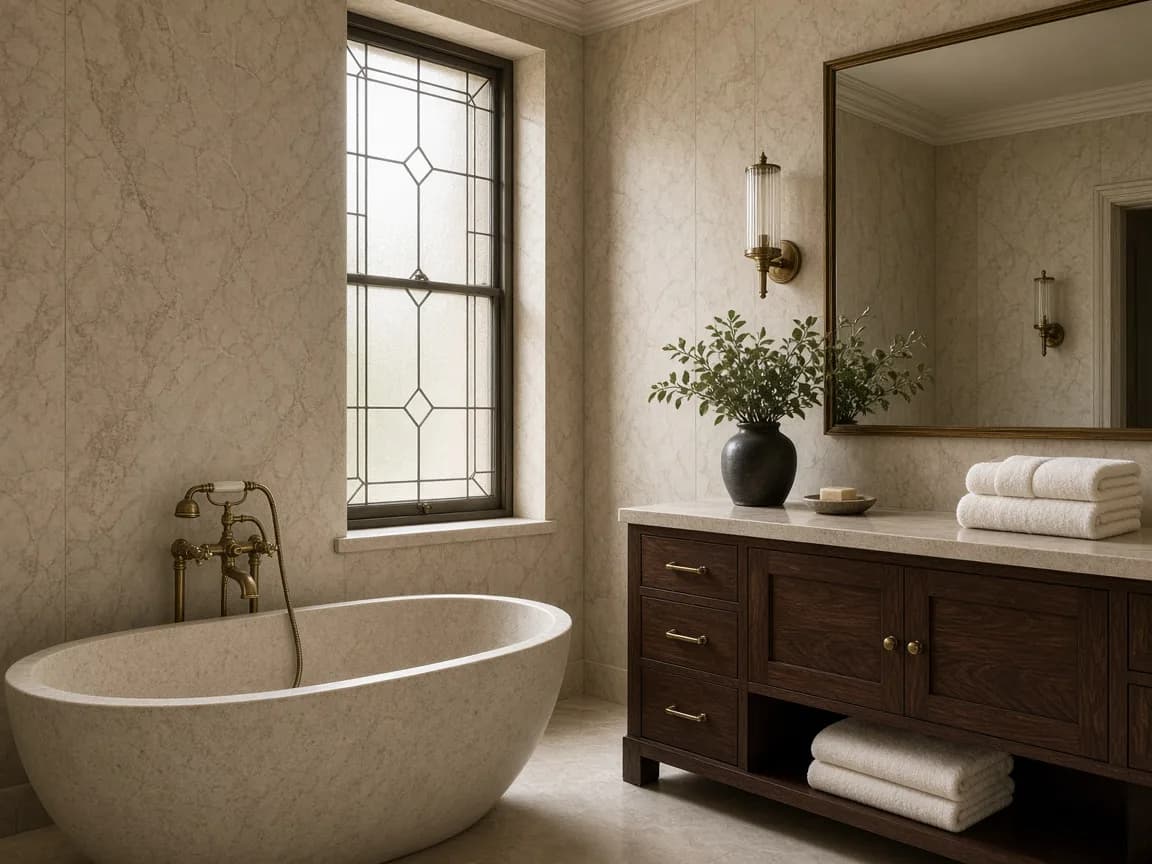 Stone bathtub and aged brass fittings