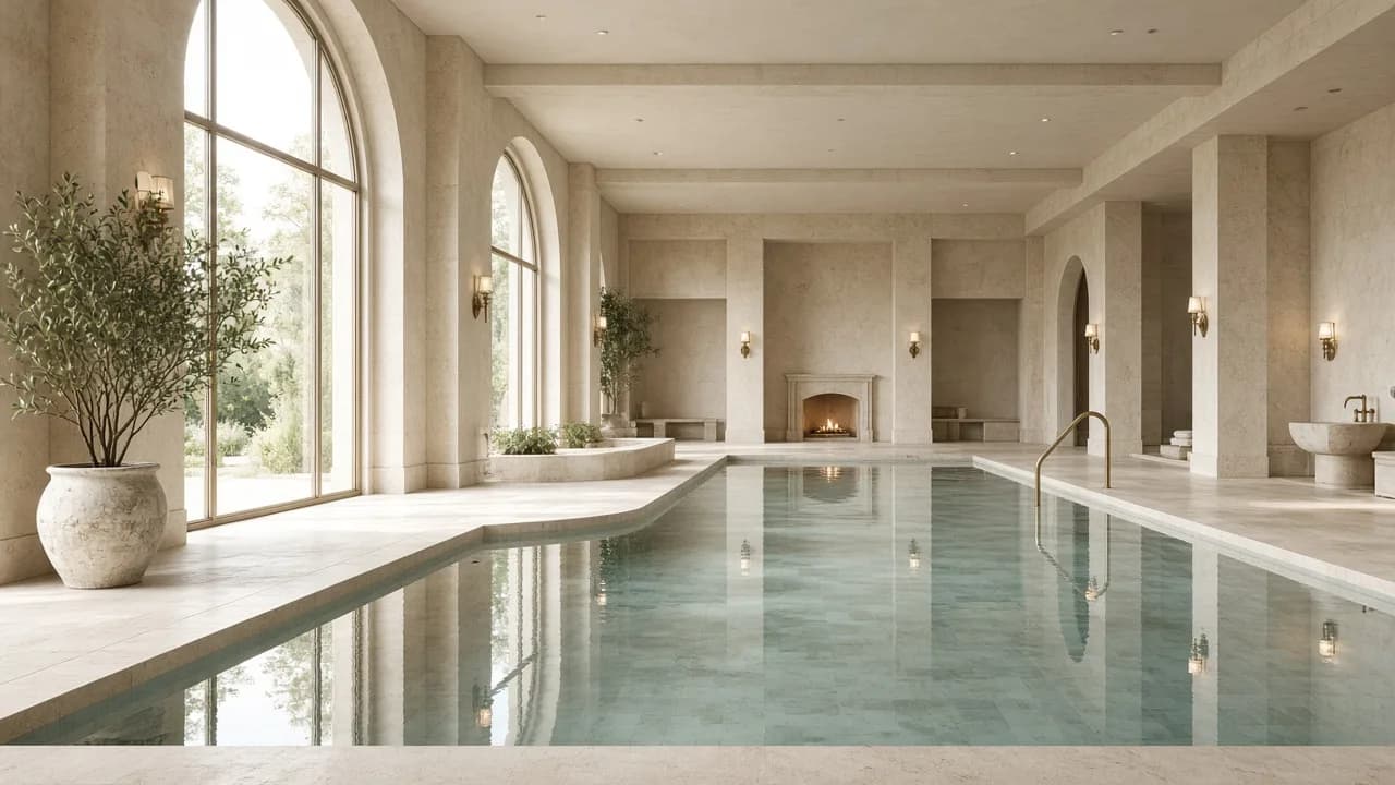 Indoor spa pool in pale limestone