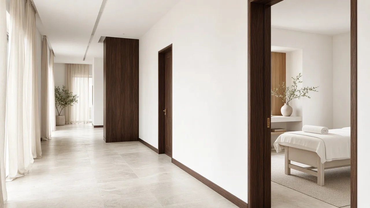 Bright spa corridor with soft daylight